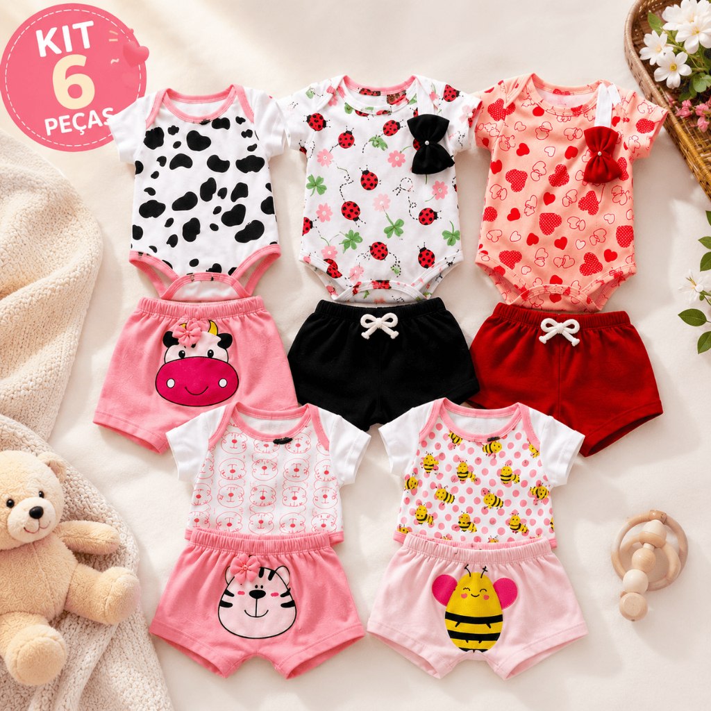 🛍️ Kit 6 Peças Roupa De Bebê Body Menina Animado Estampado Algodão
