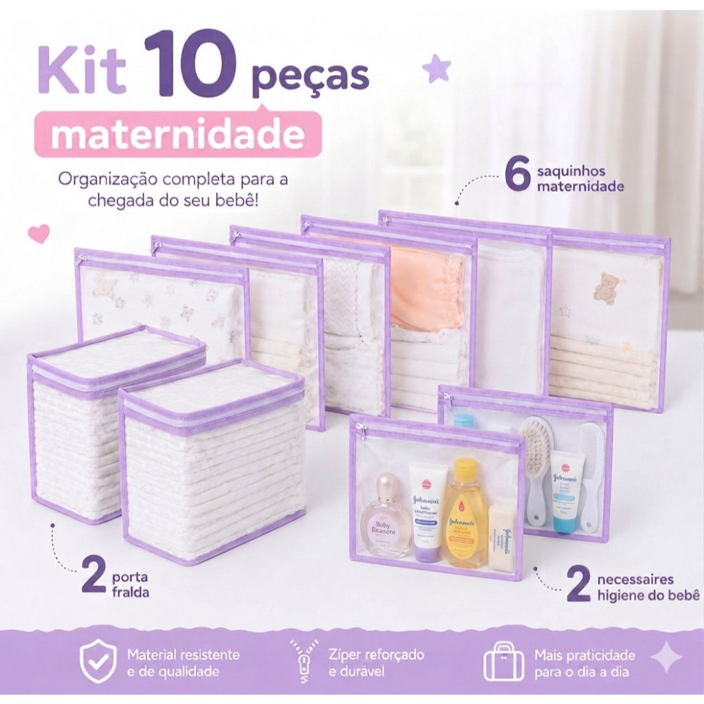 🛍️ Kit 10 Peças Maternidade – 6 Saquinhos Organizadores + 4 Porta Fralda/Remédio Necessai