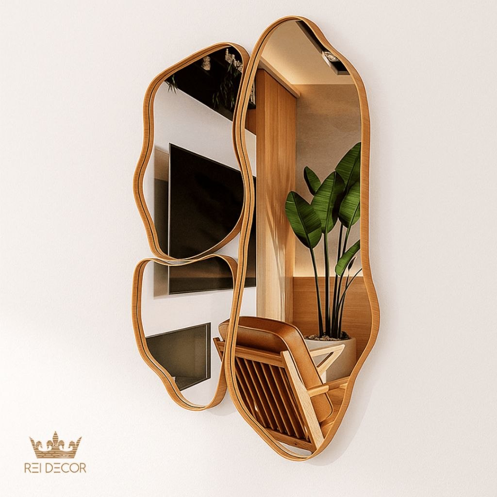 - Espelhos Assimétricos Slim Decorativos Amadeirados Orgânicos Cinamomo c/ Suporte 100cm 6