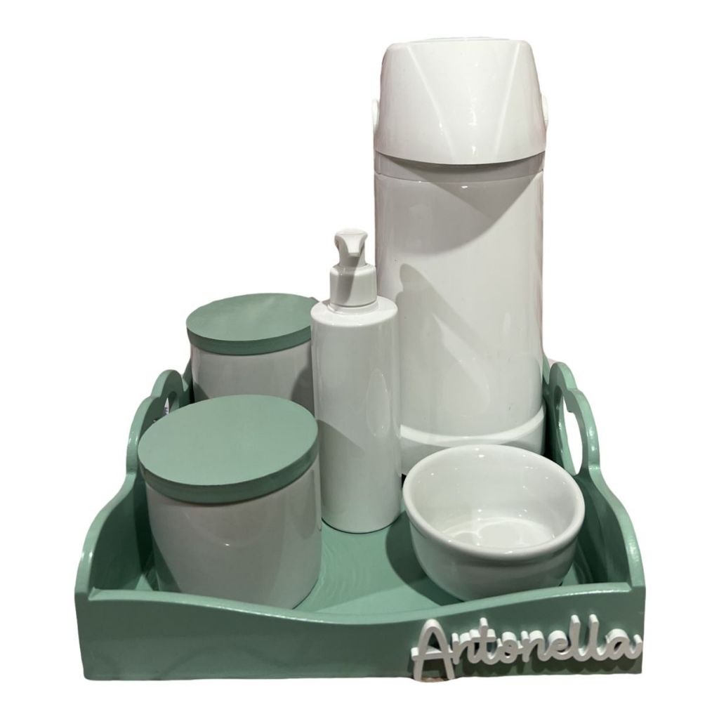 🛍️ Kit Higiene Bebe Porcelana Bandeja Pinus Coração Verde Garrafa Pump Nome Personalizado