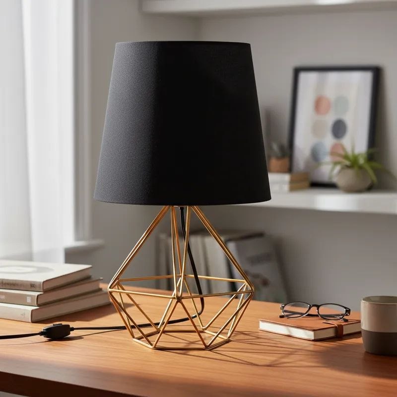 - Abajur Luminária de Mesa Base Diamante Aramado C/ Cúpula Tecido Bivolt