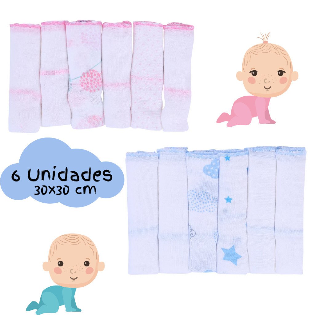 🛍️ Pano de Boca Kit 6 Unidades Paninho Fralda de Bebe 100% Algodão 30cmx30cm