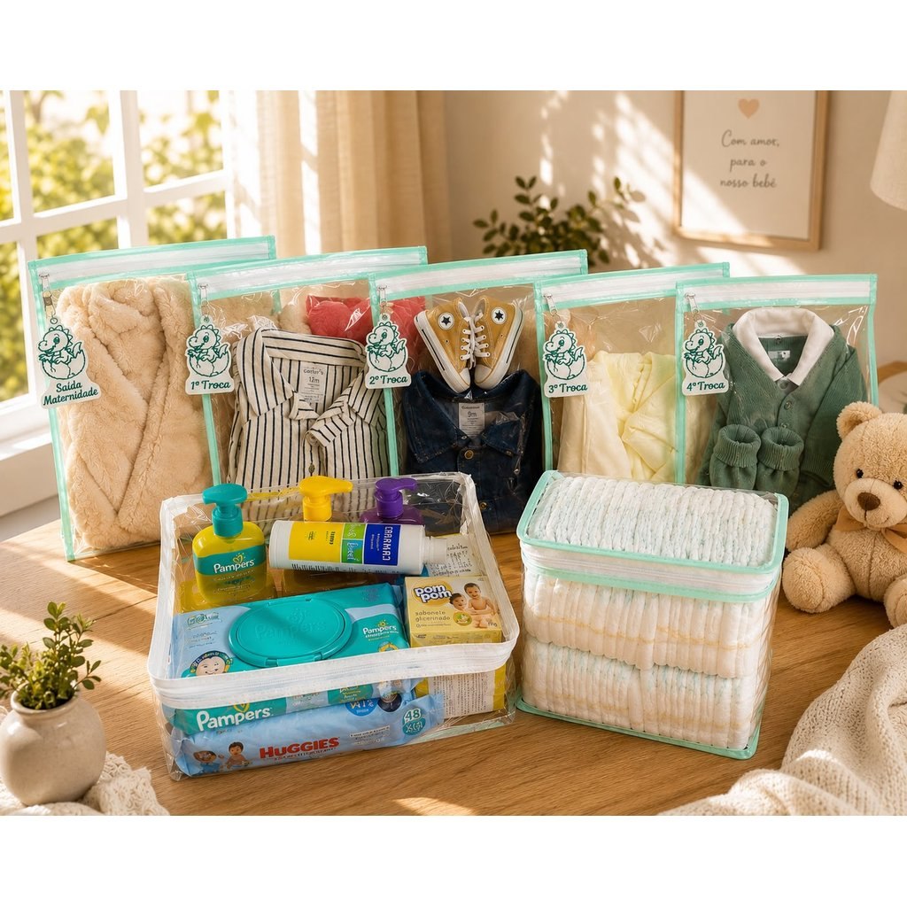 🛍️ Kit Organizador Maternidade 5 SAQUINHO + 5 TAG + 1 PORTA FRALDA + 1 NECESSAIRE Bebê Ma