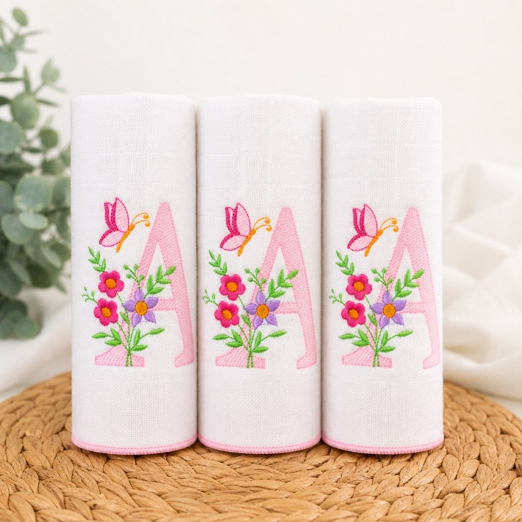 🛍️ Kit 3 Fraldas de Boca Bebê 40x40cm Algodão Inicial do Nome Bordadas Enxoval