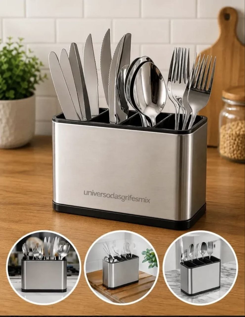 Porta-Talheres de Aço Inox com 4 Divisórias