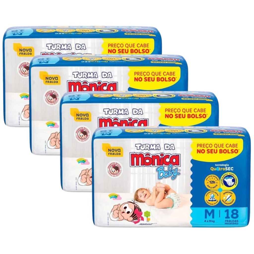 🛍️ Kit com 4 Pacotes de Fraldas Descartável Turma da Mônica Baby Tecnologia QuatroSec Tam