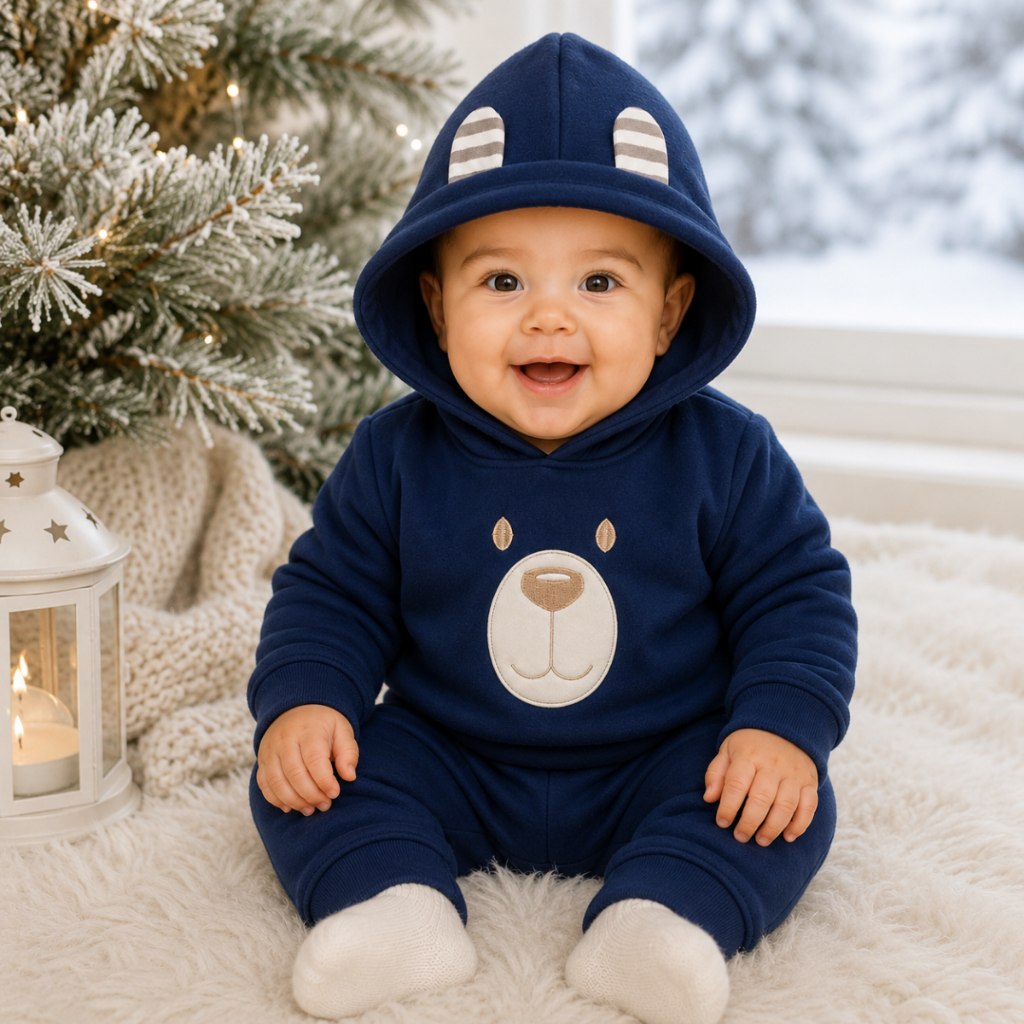 🛍️ Conjunto Bebê Menino em Soft Bordado Capuz com Orelhinha 2 Peças Casaco + Calça para B