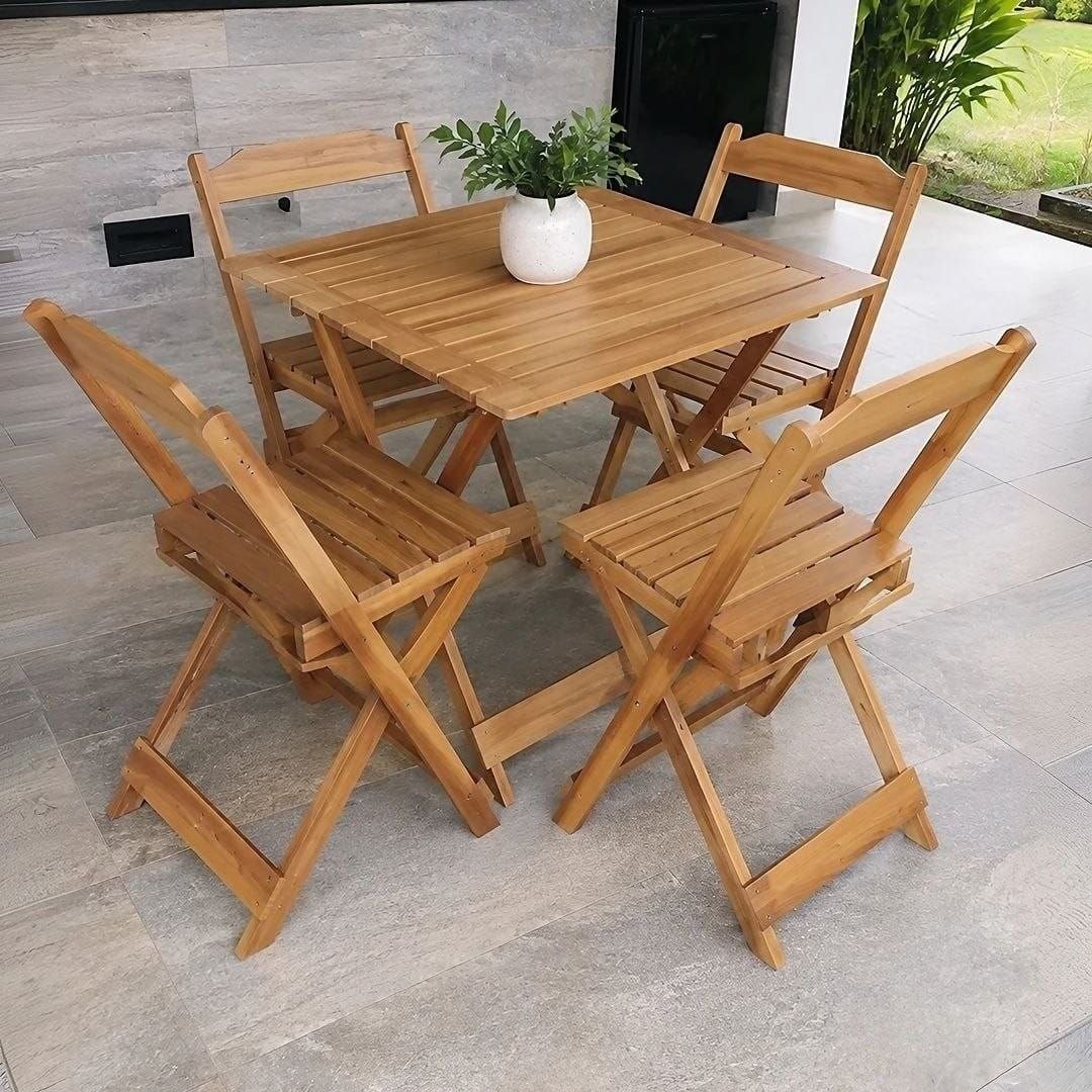 Jogo Conjunto Mesa Dobrável 70x70 C/4 Cadeiras Madeira