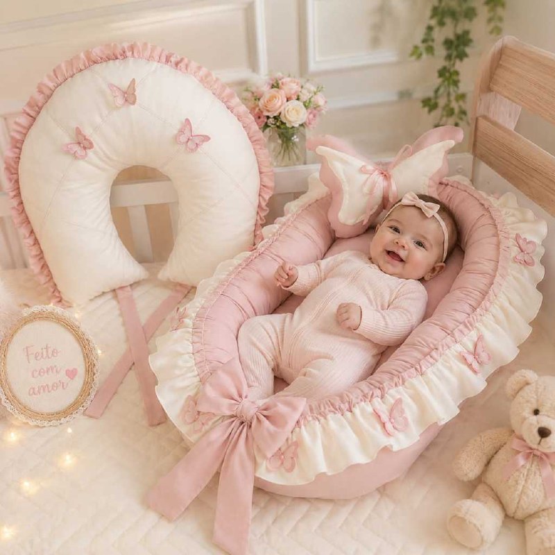 🛍️ Kit 3 peças Ninho Redutor De Berço com borboletas + Almofada de Amamentação Babado e a