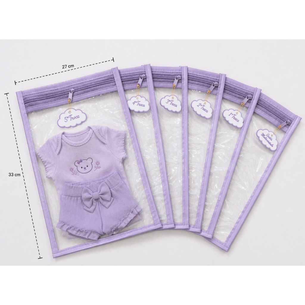 🛍️ Kit 6 Saquinhos Maternidade com Zíper e Tag – Organizador Roupas Bebê e Mamãe 33 x 27