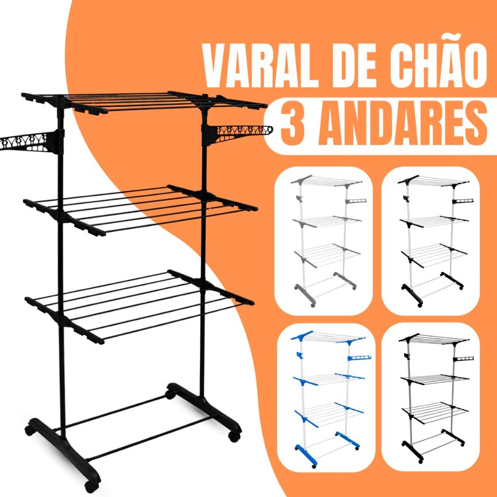 - Varal De Chão De Roupas 3 Andares Dobrável Grande 4 Rodas