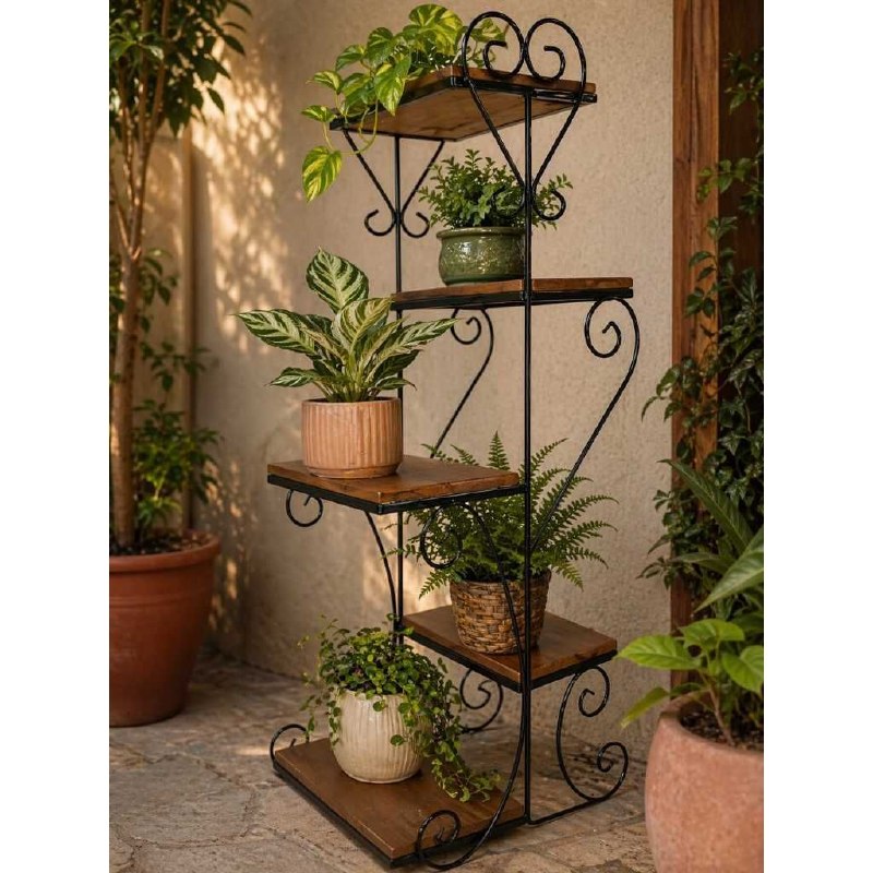 - Floreira Estante 5 Andares Ferro E Madeira Rústica Vertical Suporte Para Plantas Decoraç