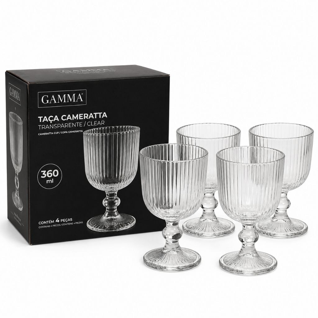- Jogo 4 Taças Cameratta 360ml Vidro Transparente Canelado Água Suco Drink Mesa Posta Gamm