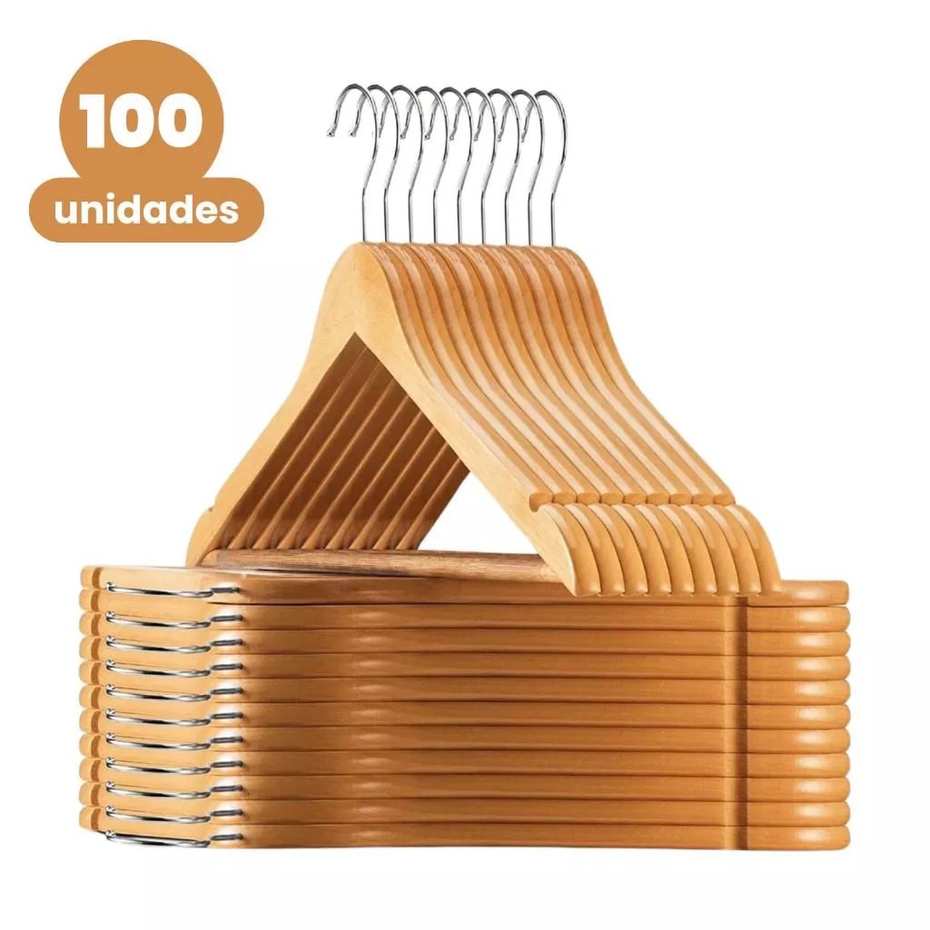 👔Kit 100 Cabides De Madeira Marfim Para Roupas Calça Gancho Cromado