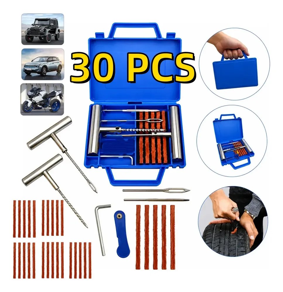 🔥 Kit Reparo Pneu Sem Câmara + Maleta 30 Remendos Moto e Carro