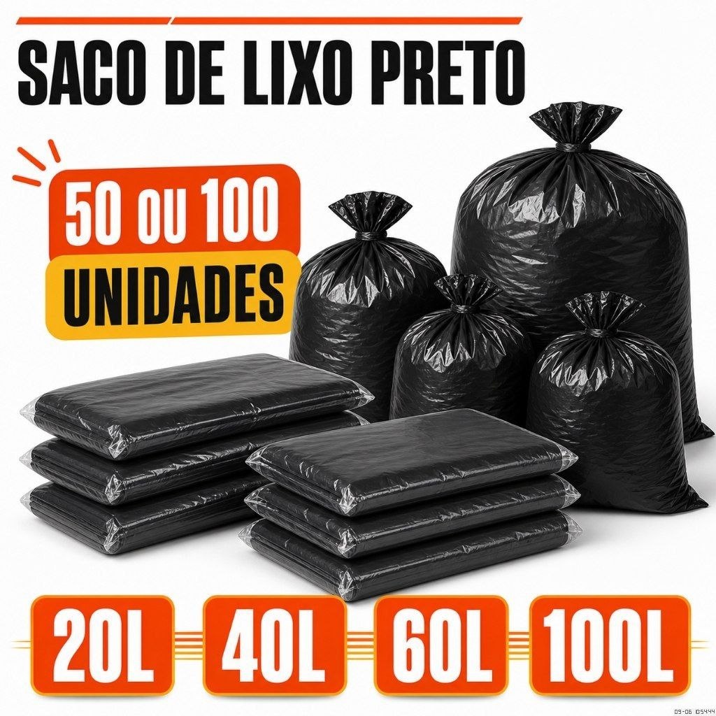 🛍️ Saco de Lixo Preto Resistente 20L 40L 60L 100 litros Pacote com 50 ou 100 Unidades