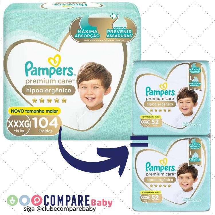 😍 Fralda Pampers Premium Care XXXG - 104 fraldas (2x pacotes de 52 un)