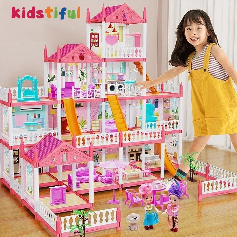 🛍️ Casas De Boneca DIY 14 Quartos 2 Bonecas Villa Princesa Castelo Presente De Aniversári