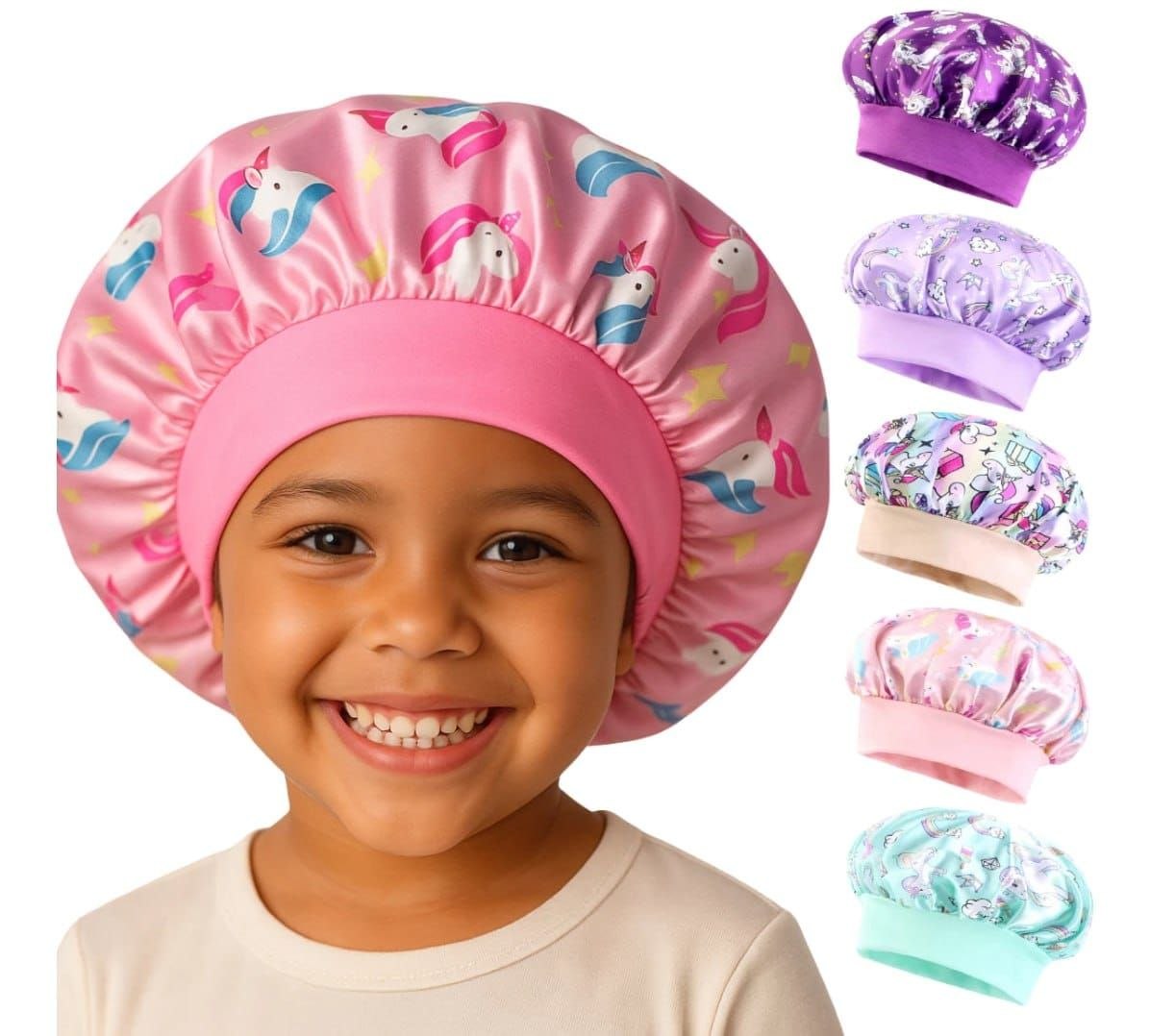 🛍️ Touca de Cetim Infantil Antifrizz Unicórnio com Faixa Macia Confortável para Dormir
