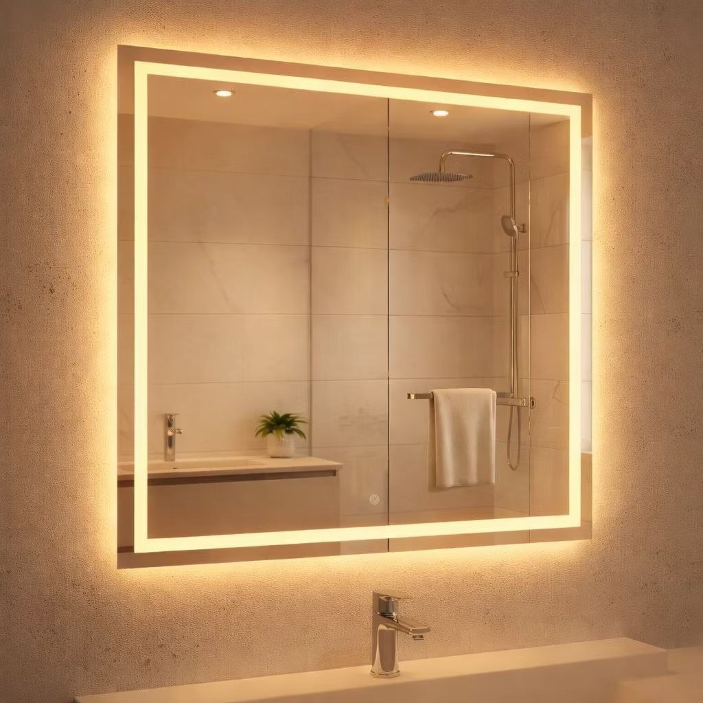 🛍️ Espelho com Touch Quadrado 40x40 Jateado Fino LED 3 Cores Touch Banheiro Lavabo Quarto