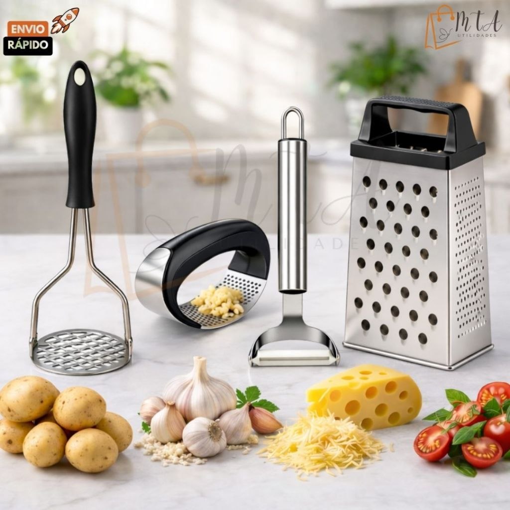 - Kit Utensílios Ralador 4 Faces Amassador Batata Amassador Alho Descascador de Legumes em