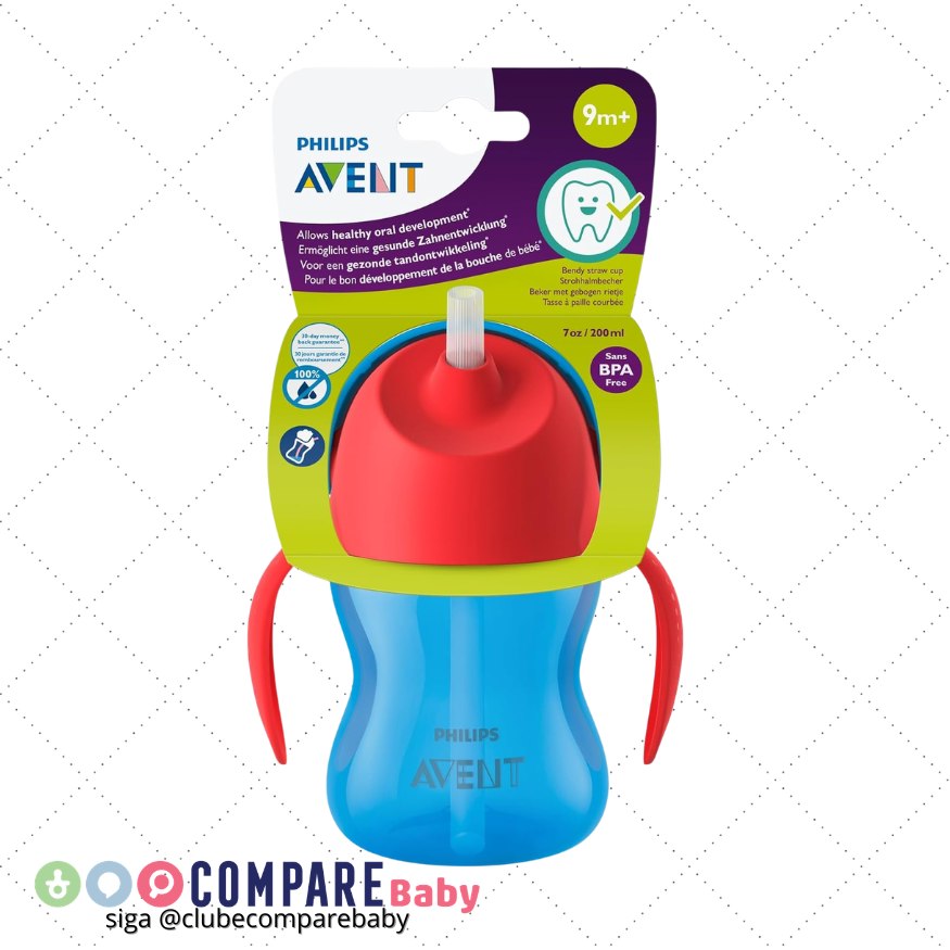😍 Copo Com Canudo Curvado Dinossauro Philips Avent 200 ml Azul e Vermelho SCF796/01