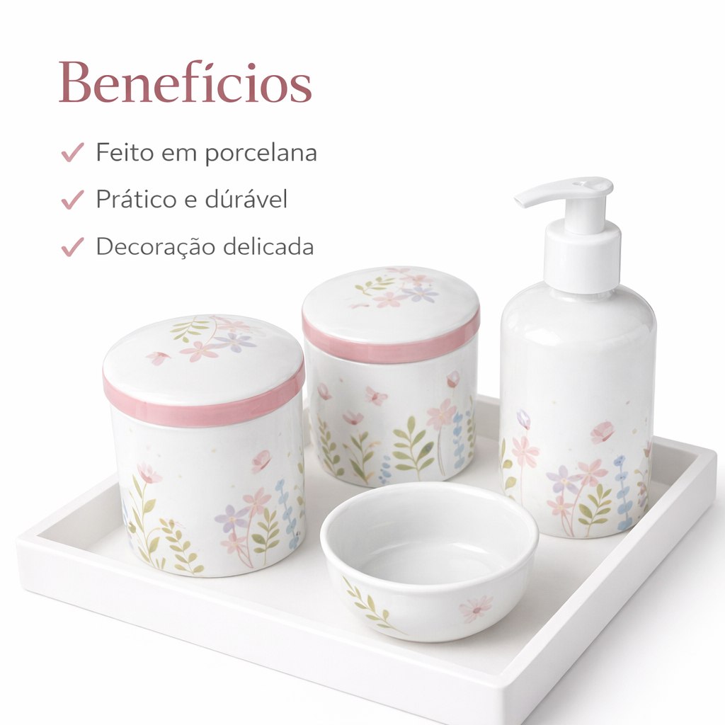 🛍️ Kit Higiene Bebê Porcelana Floral Rosa Lindas Delicadas Infantil Quartinho Decoração