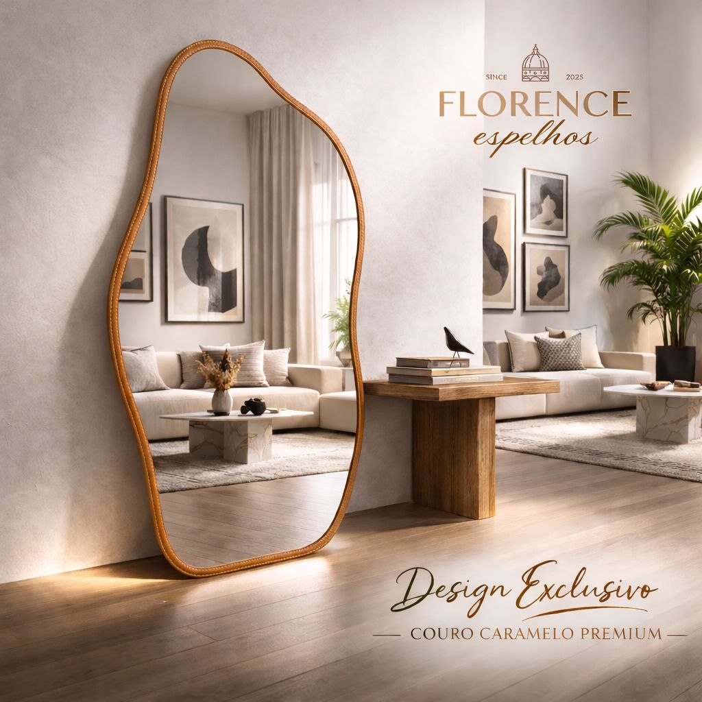 - Espelho Orgânico 120x50 e 80x40 Com Moldura EM COURO Corpo Inteiro Moderno Luxo