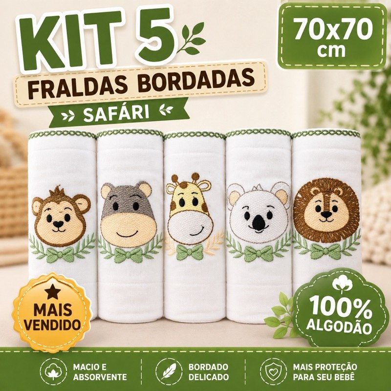 🛍️ Fralda Pano Bordadas Luxo 70x70cm 100% Algodão Menino Safari Ursinho Carrinho Nuvem  E