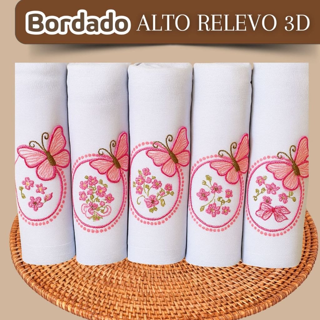 🛍️ Fralda de Pano Bebê Bordada 5un 70x70cm Algodão Duplo Enxoval Recém-Nascido