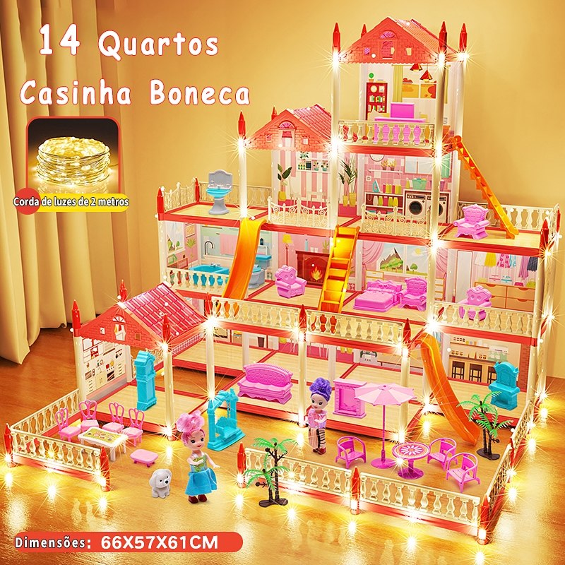🛍️ Casa De Bonecas De Luxo 14 quartos + 2 bonecas Villa Brinquedos  DIY Presentes Para Me