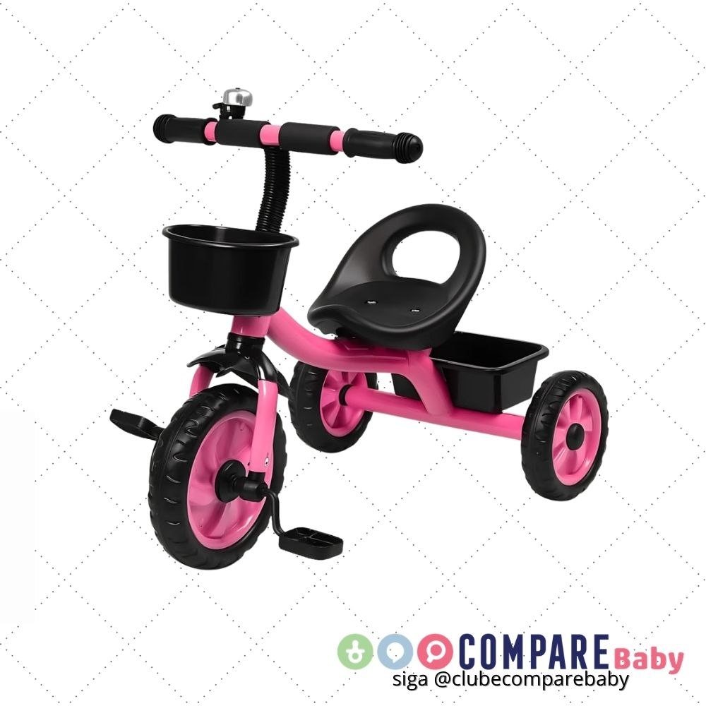 😍 Triciclo Andador Infantil com duas Cestinha para Criança Até 25kg (Rosa)