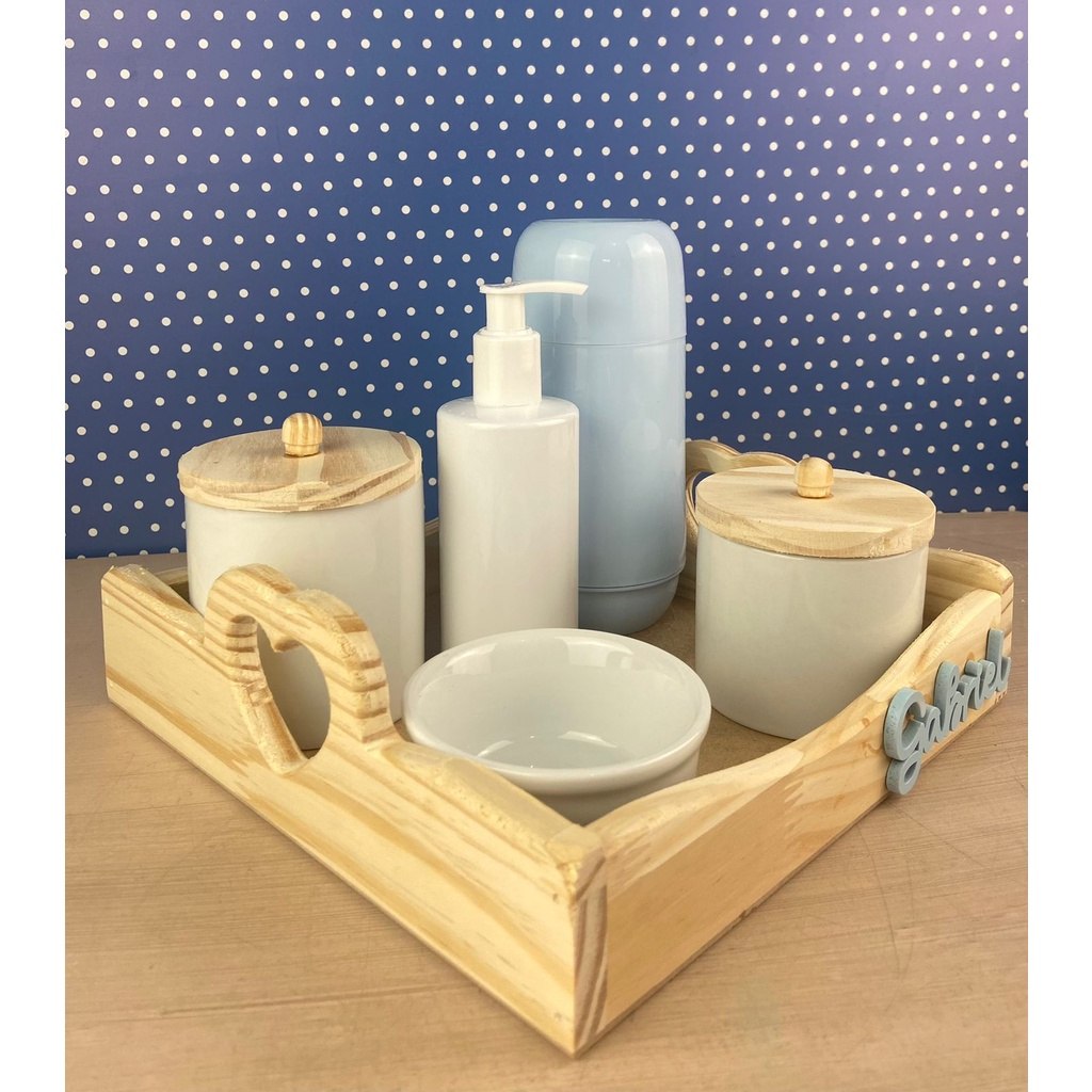 🛍️ Kit Higiene Bebê Porcelana Pinus Coração Garrafa Nome Personalizado Menino