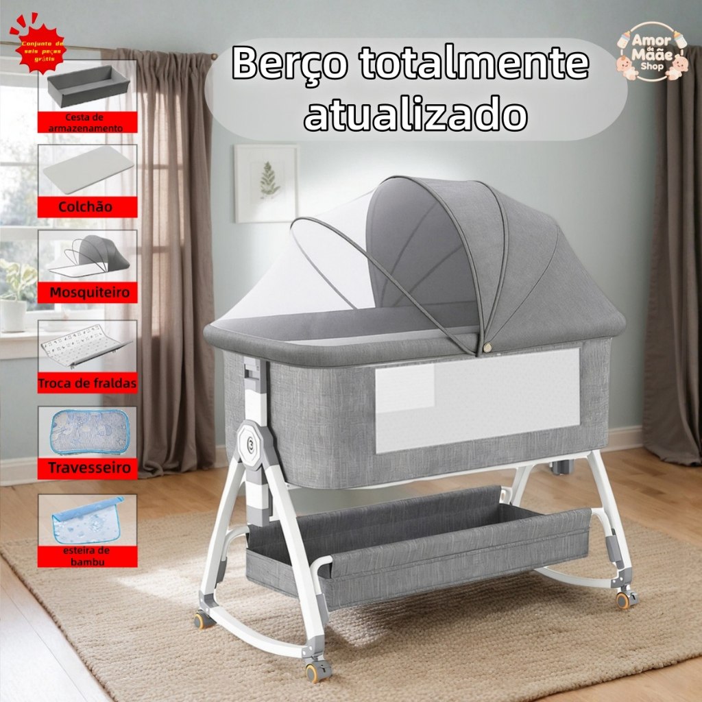 🛍️ Berço Portátil Moises Co-bed Com Balanço Mosquiteiro e Cesto Regulagem de Altura