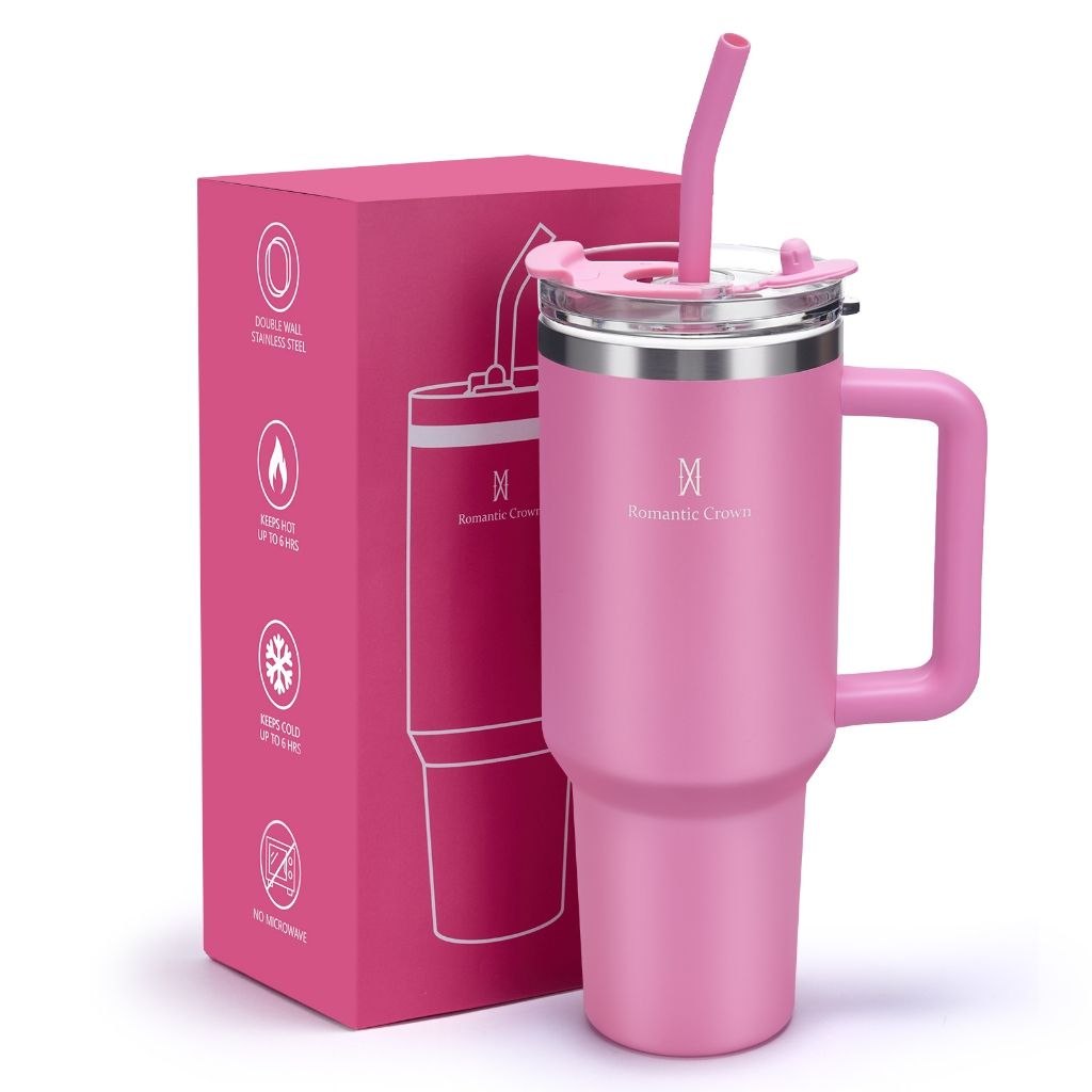 - ROMANTIC CROWN Copo Térmico Inox Portátil 1200ml/600ml com Tampa e Canudo Garrafa Térmic