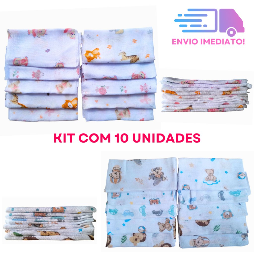 🛍️ Kit 10 Panos de Boca em Fralda Luxo Estampada 35x35cm100% Algodão