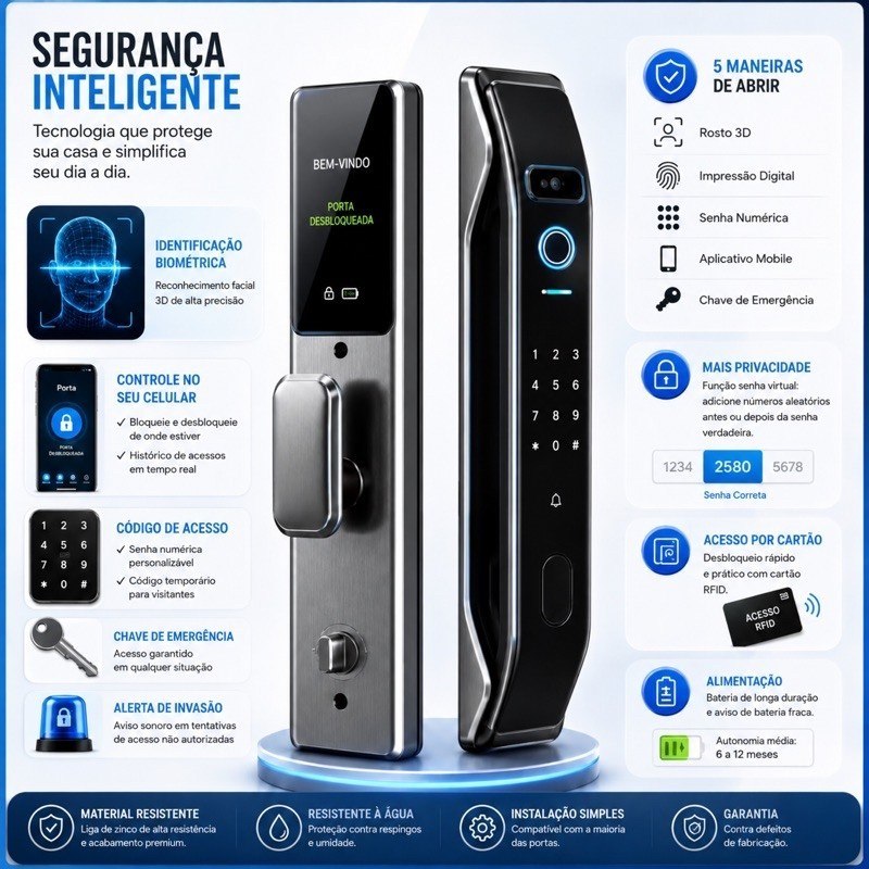 🛍️ Fechadura Eletrônica com Reconhecimento Facial 3D Inteligente Segura Biometria WiFi Se