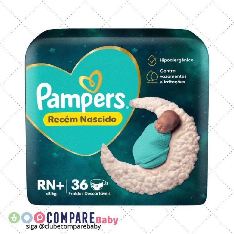 😍 Fralda Pampers Recém Nascido Tamanho RN+ (Até 5 kg), 36 Unidades (LANÇAMENTO com absorç