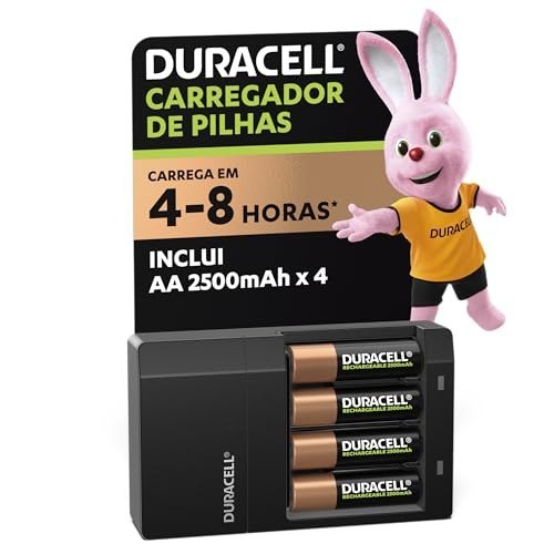 🛍️ Duracell Carregador de Pilhas Recarregáveis AA e AAA Com 4 Pilhas AA Inclusas – Bivolt