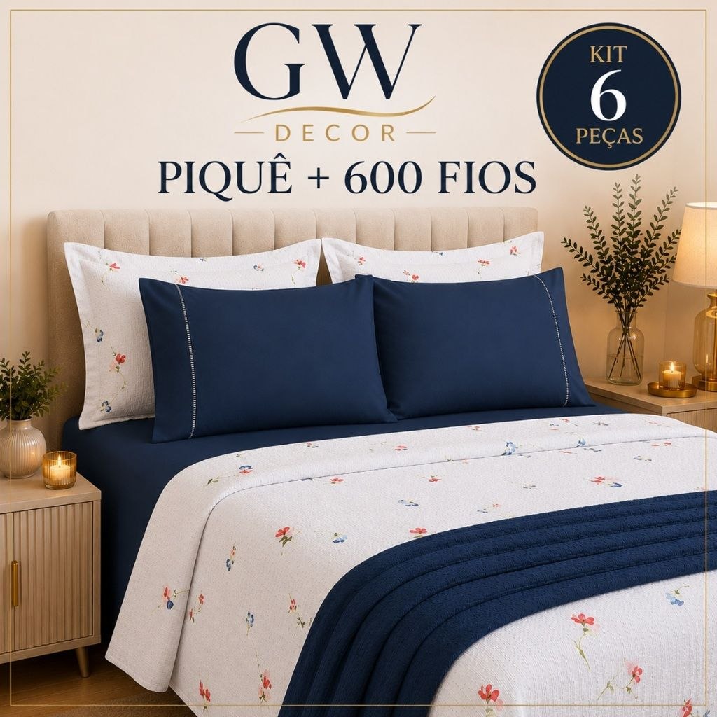 - Kit 6 Peças Piquê + 600 Fios Jogo de Cama Macio e Sofisticado Casal Queen e King
