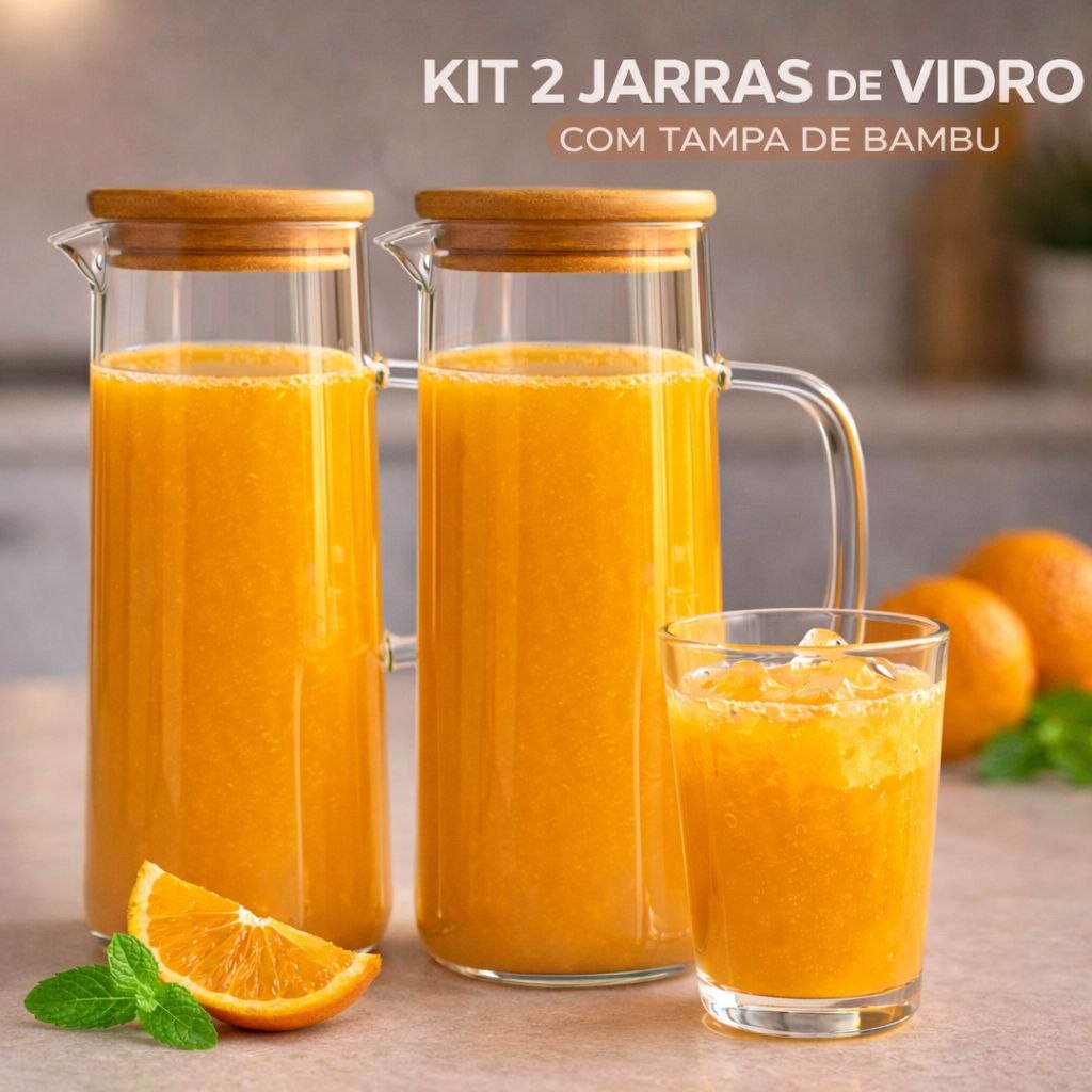 - Kit com Duas Jarras de Vidro Borossilicato Transparente com Tampa Bambu Água Suco Bebida