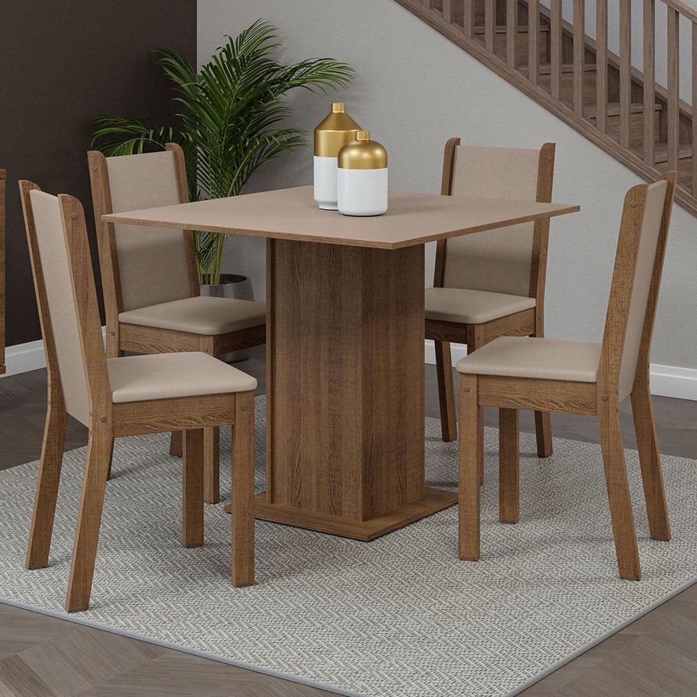 - Conjunto Sala de Jantar Mesa Tampo de Madeira 4 Cadeiras Rustic/Crema/Sintético Bege Bri
