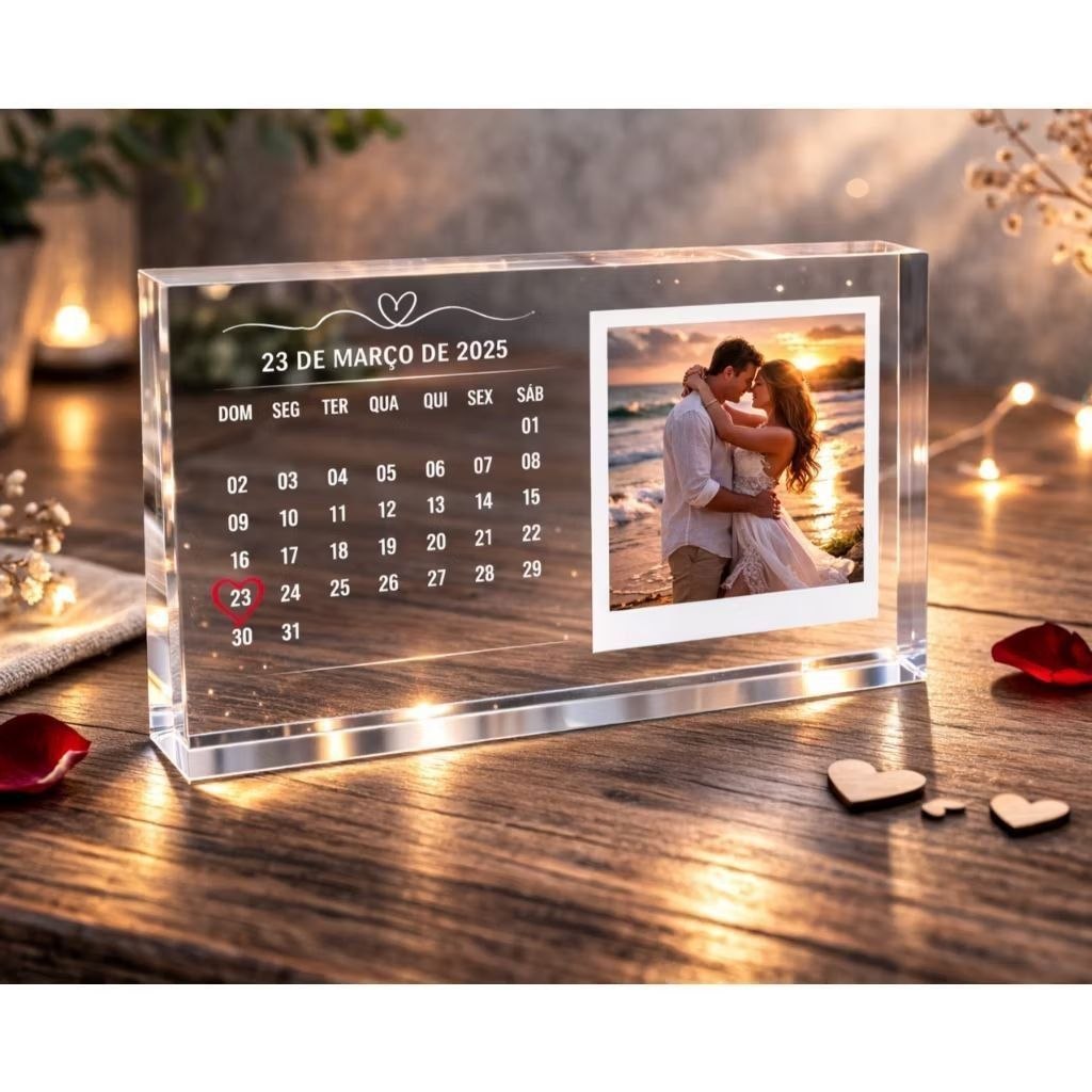 🛍️ Placa Acrílico Personalizada com Foto do Casal e Calendário – Presente Namorados, Dia