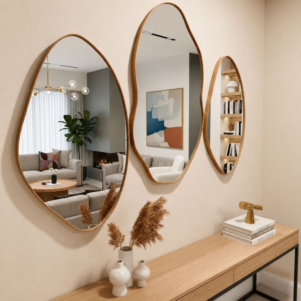 - Kit 3 Espelhos Decorativos Orgânicos com Moldura em Couro Reforçado – Moldura Premium pa
