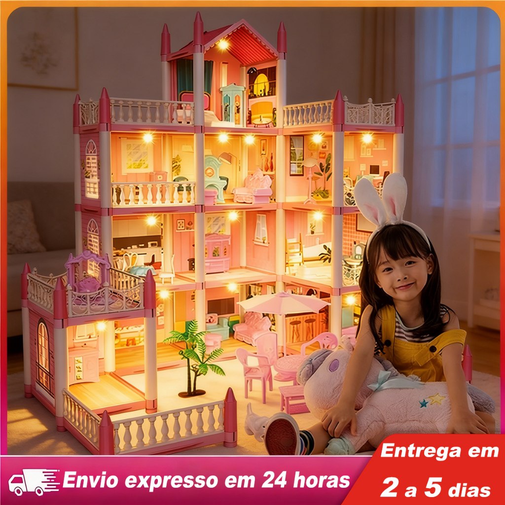 🛍️ Casinha de Boneca com 14 Quartos - Inclui Corda de Luzes | Brinquedo para Crianças Pre