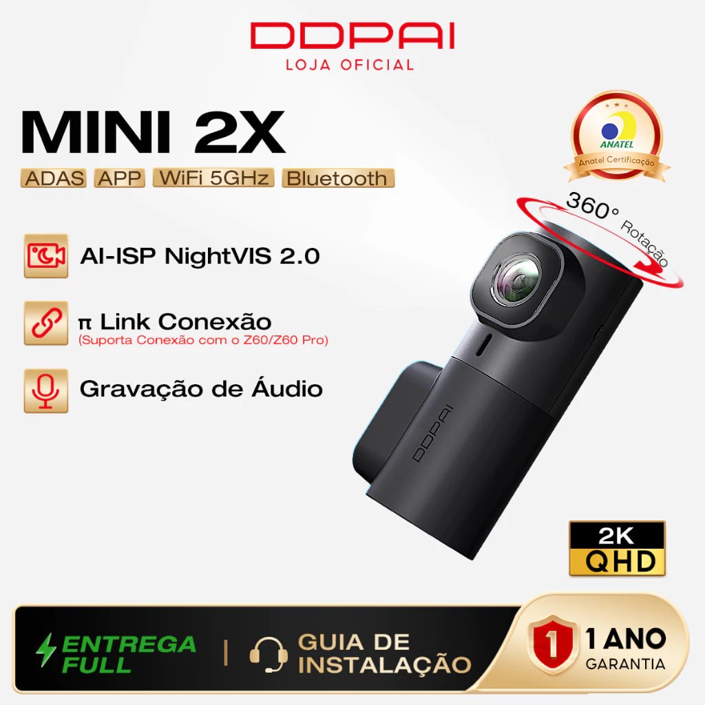 📹DDPAI Mini 2X Câmera Veicular 1440P 2K QHD 360° Rotação Visão Noturna Superior 5G WiFi C