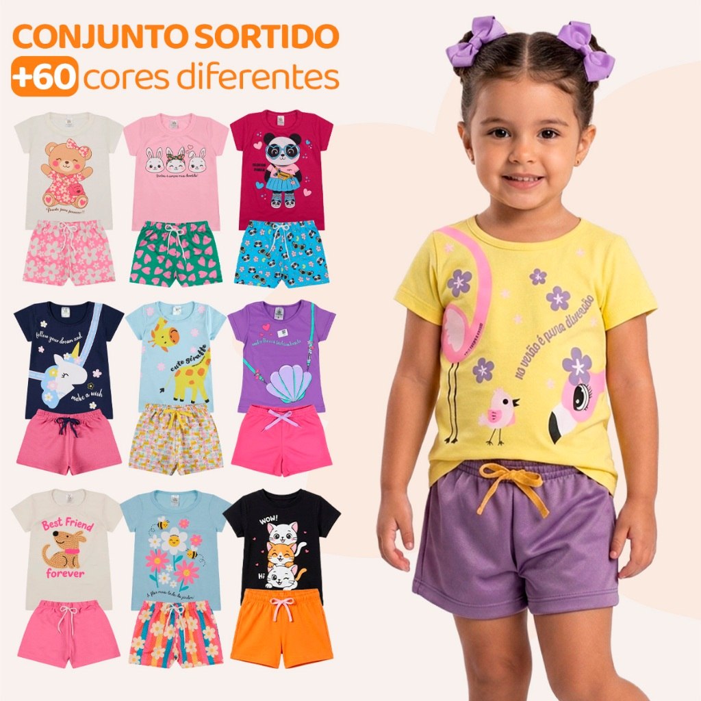 🛍️ Kit Sortido 10 Peças de Roupas Infantil Bebê Menina (5 Camisetas + 5 Shorts) Kit 5 Con