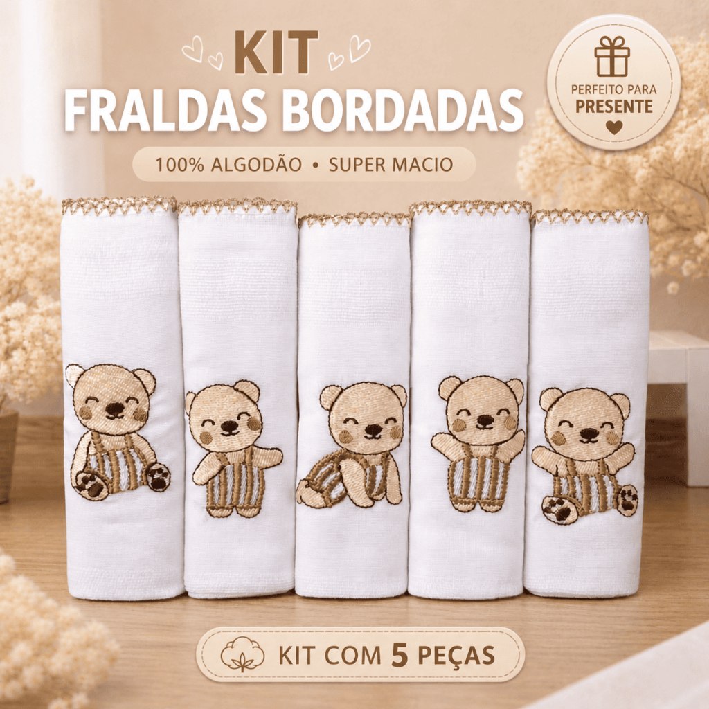 🛍️ Kit Fralda de Pano Bebê Bordada 70x70 Algodão Enxoval Recém Nascido 5 10 15 Unidades