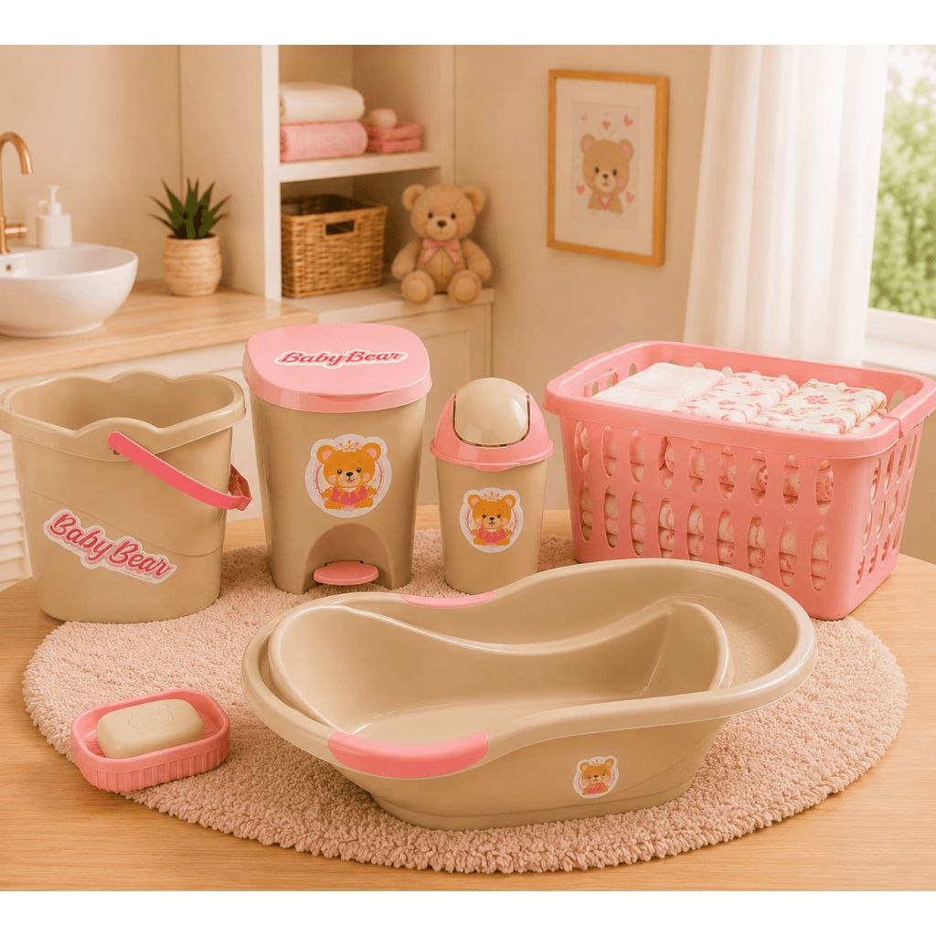- Kit Para Banho Quarto Bebê Baby Menino Menina Banheira Saboneteira Cesto Baldinho E Lixe
