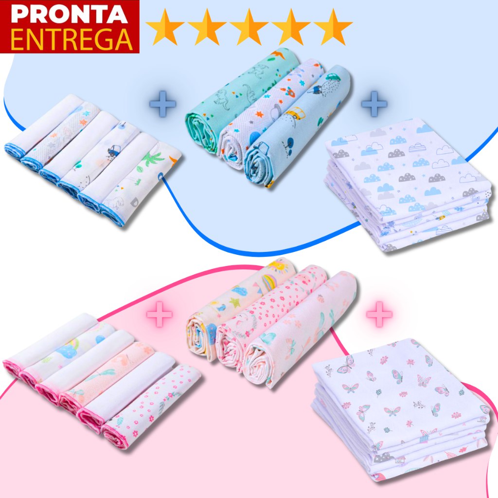 🛍️ Kit 14 Peças Enxoval Bebe 3 Cueiros 6 Paninhos De Boca E 5 Fraldas 100% Algodão Flanel